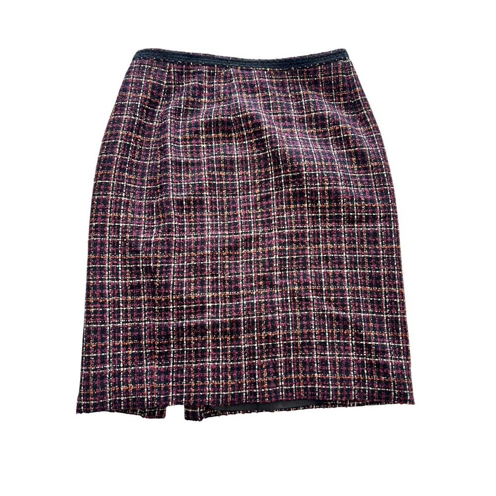 Laura Scott Skirt Womens 8 Black Pink Tweed Plaid Pencil Lined Knee Length Slit